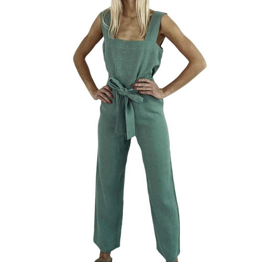 Love And‎ Confuse Dakota Linen Jumpsuit Sleeveless Sage Green Tie Belt Sz Small